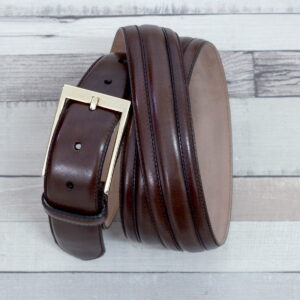 Side view of model Myrtle, dark brown painted calf, stone nubuck, gold buckle Golf BespokeShoes