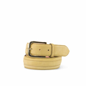 Side view of model Oaklawn, sand lux suede, pale rose nubuck, gold buckle Golf BespokeShoes