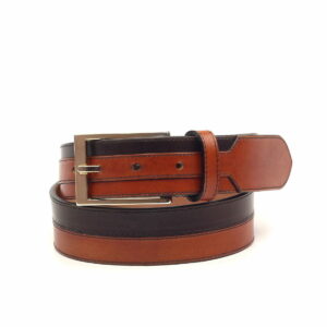 Side view of model Artaq, cognac and dark brown painted calf, luggare nubuck, gold buckle Golf BespokeShoes