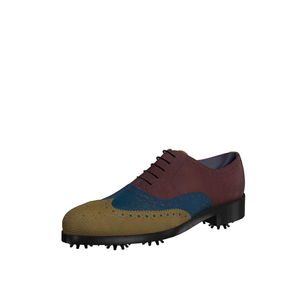 Front view of model Alexander, olive, blue and burgundy painted pebble grain leathe Golf BespokeShoes