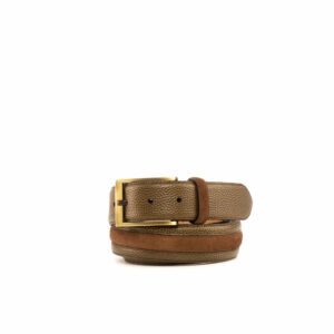Side view of model South Amherst, olive painted pebble grain, med brown lux suede, safari nubuck, old gold buckle Golf BespokeShoes