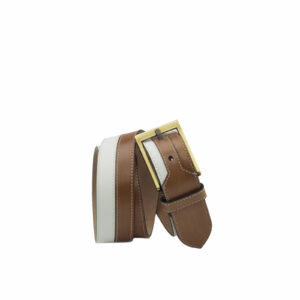 Side view of model Brigrave, med brown painted calf, white box calf,stone nubuck, old gold buckle Golf BespokeShoes
