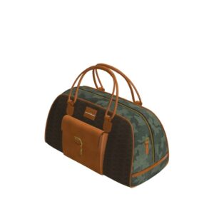 Side view of model Winged Foot, herringbone, camo flanel and cognac painted calf leather with gold hardware Golf BespokeShoes