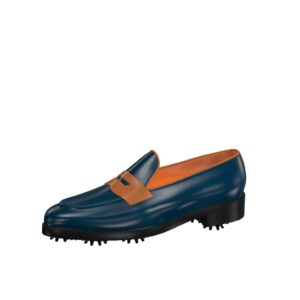 Front view of model Adrian, blue navy and cognac painted calf leather Golf BespokeShoes