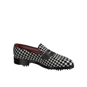 Side view of model Leo, pied-de-poule fabric and black croco painted leather Golf BespokeShoes
