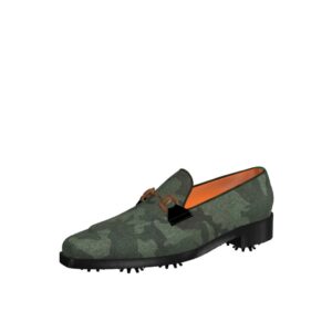 Front view of model Nicholas, camo flanel and copper metal bit Golf BespokeShoes