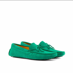 Side view of model Owen, green suede leather Golf BespokeShoes
