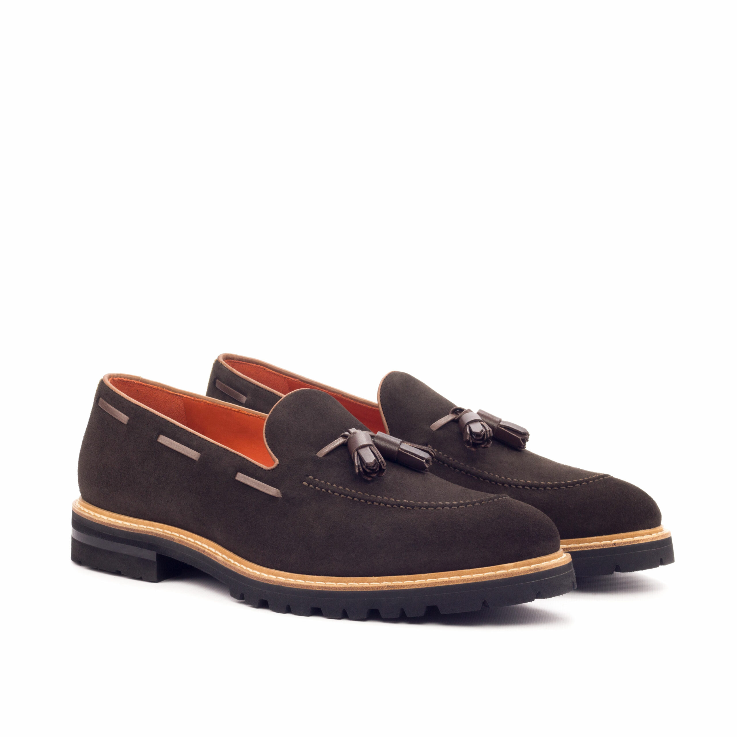 Side view of model Leonard, dark brown box calf,lux suede,painted calf Golf BespokeShoes