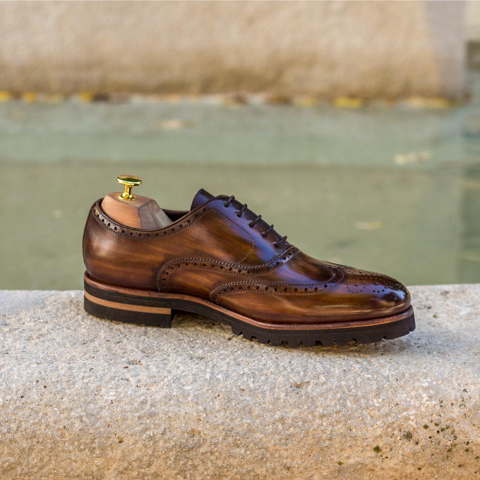 Front view of model Jalen, lux suede,crust patina Golf BespokeShoes
