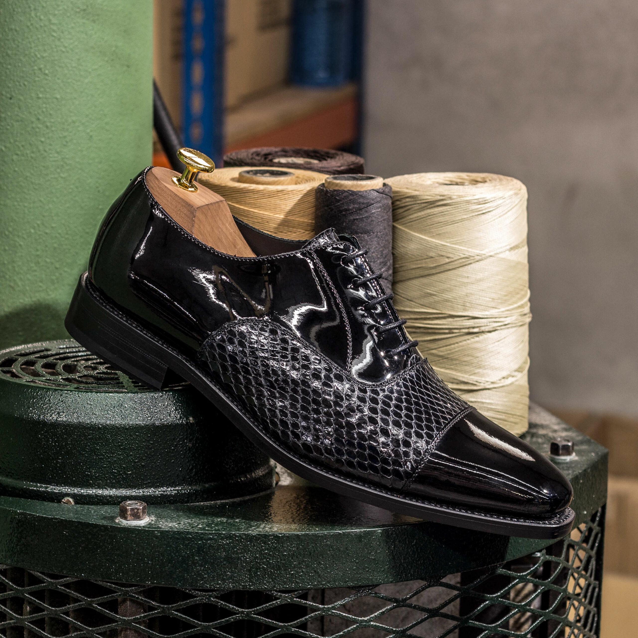 Front view of model Egan, patent,exotic python Golf BespokeShoes