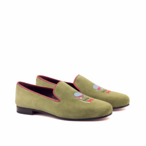 Side view of model Jamal, khaki suede,painted calf Golf BespokeShoes