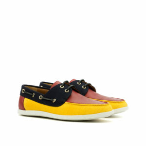 Side view of model Matthew, yellow, blue and red, linen, flannel, and painted calf Golf BespokeShoes