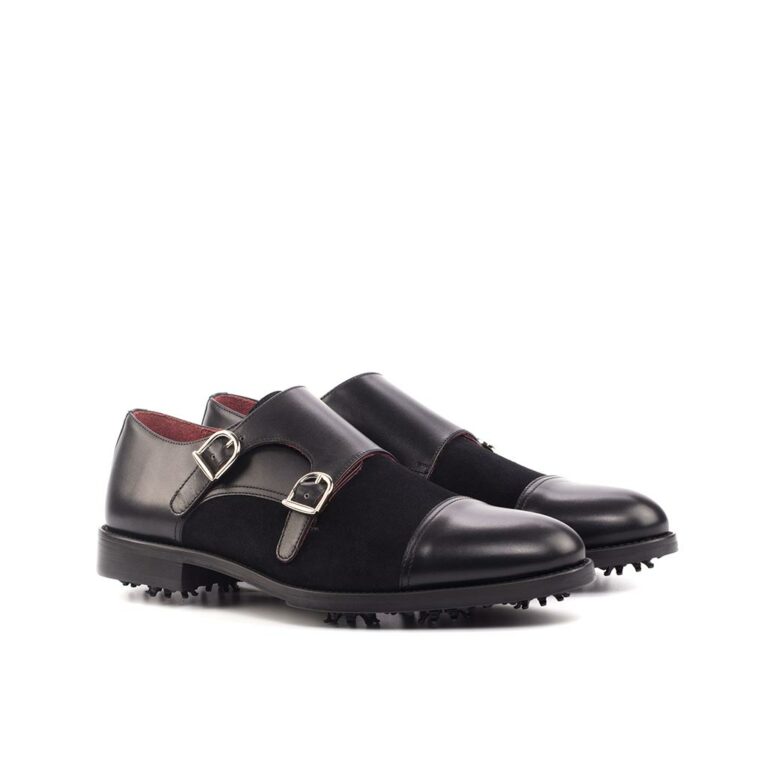 View of model Double Monk handmade golf shoes, exclusive painted calf leather golf shoes Model Double Monk Golf BespokeShoes